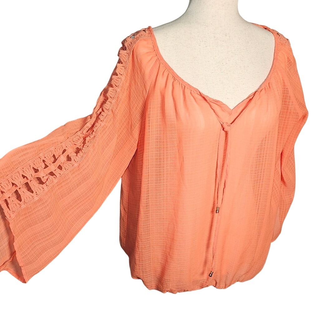 Peach Women's Boho Top Blouse with Crochet Lace Sleeves Size Large